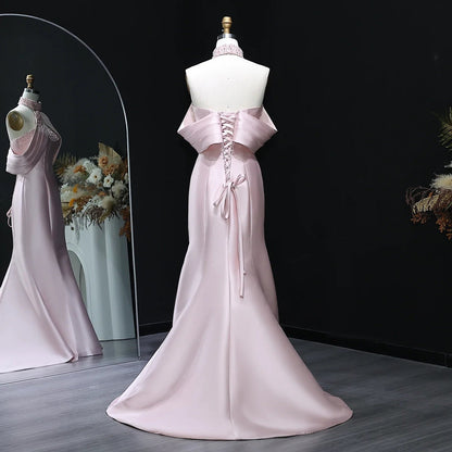 Pink Off-Shoulder Crystal Beaded Mermaid Evening Gown with Halter Detail