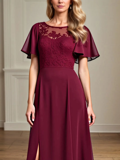 A Line Scoop Neck Short Sleeve Chiffon Mother of the Bride Dress With Leg Slit