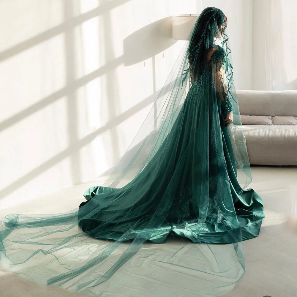 Luxury Dubai Green Mermaid Lace Beaded Satin Evening Dresses Formal Gowns