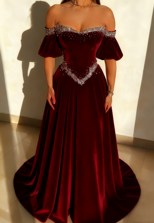 Sweetheart Velvet Beaded A-Line Puff Sleeves Prom Dress