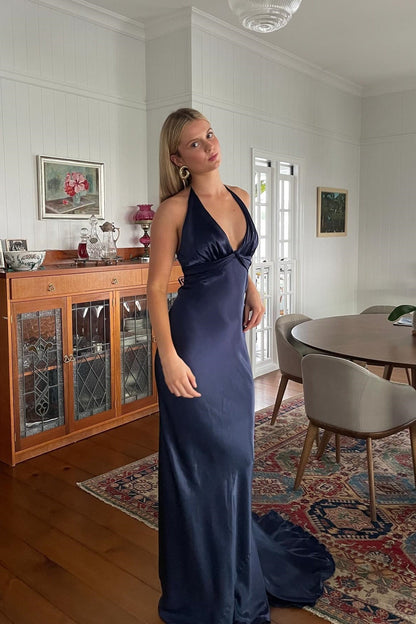 Trendy Sheath Halter Neck Purple Long Party Dress with Open Back Bowknot