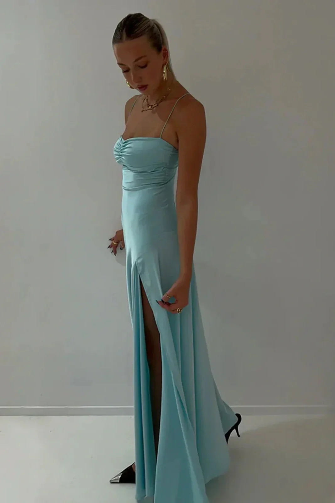 Simple Sheath Spaghetti Straps Pink Long Party Dress with Split Front