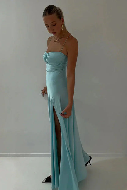 Simple Sheath Spaghetti Straps Pink Long Party Dress with Split Front