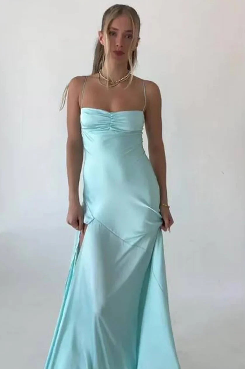 Simple Sheath Spaghetti Straps Pink Long Party Dress with Split Front