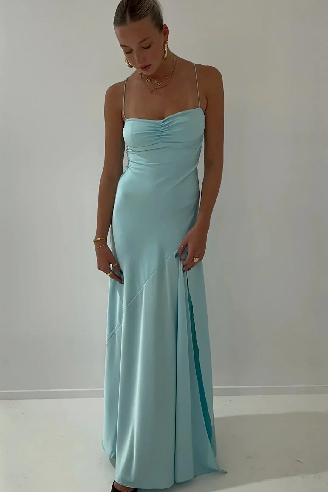 Simple Sheath Spaghetti Straps Pink Long Party Dress with Split Front