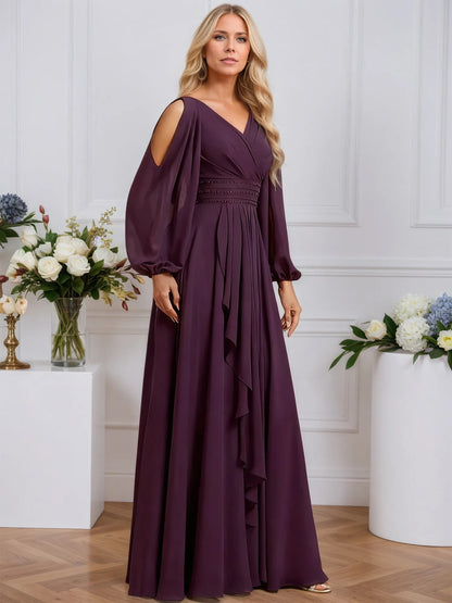 A-line Cold Shoulder V-Neck Floor-Length Chiffon Evening Dress With Cascading Ruffles Beading