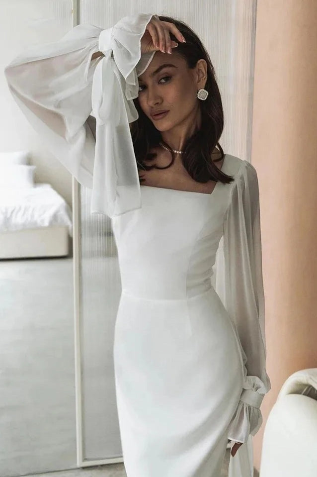 Simple Wedding Dresses Square Neck Puff Sleeves