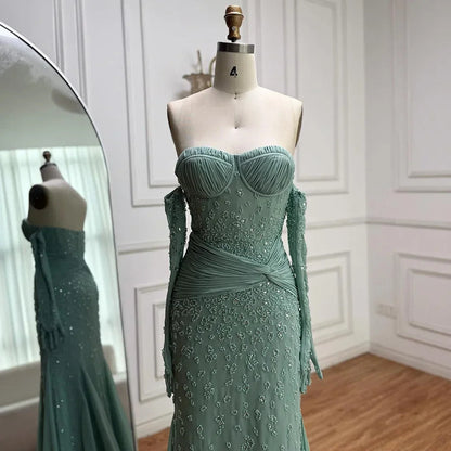 Turquoise Strapless Beaded Mermaid Evening Gown with Matching Gloves