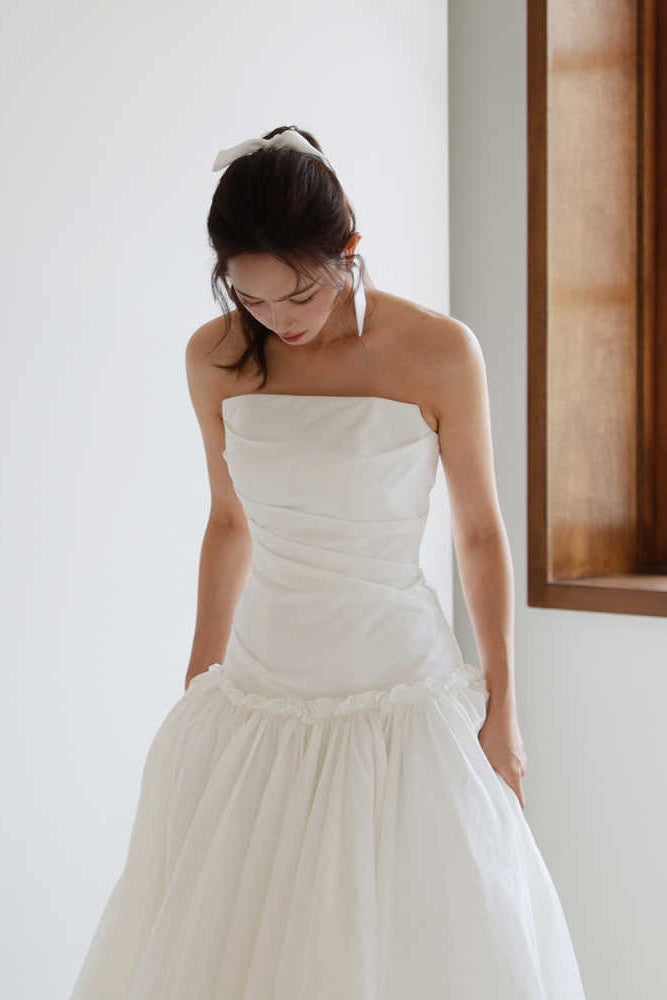 Taffeta A Line Long Wedding Dress Lace Up Back