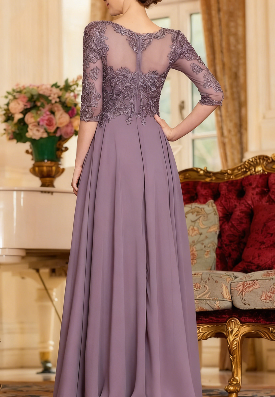 Chic A-Line Chiffon Lace Scoop 3/4 Sleeves Floor-Length Mother of the Bride Dress