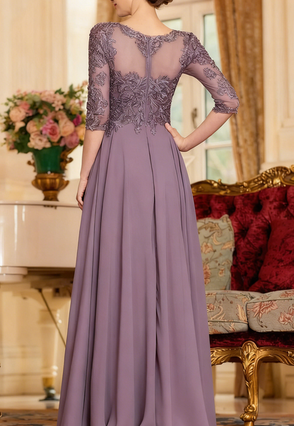 Chic A-Line Chiffon Lace Scoop 3/4 Sleeves Floor-Length Mother of the Bride Dress