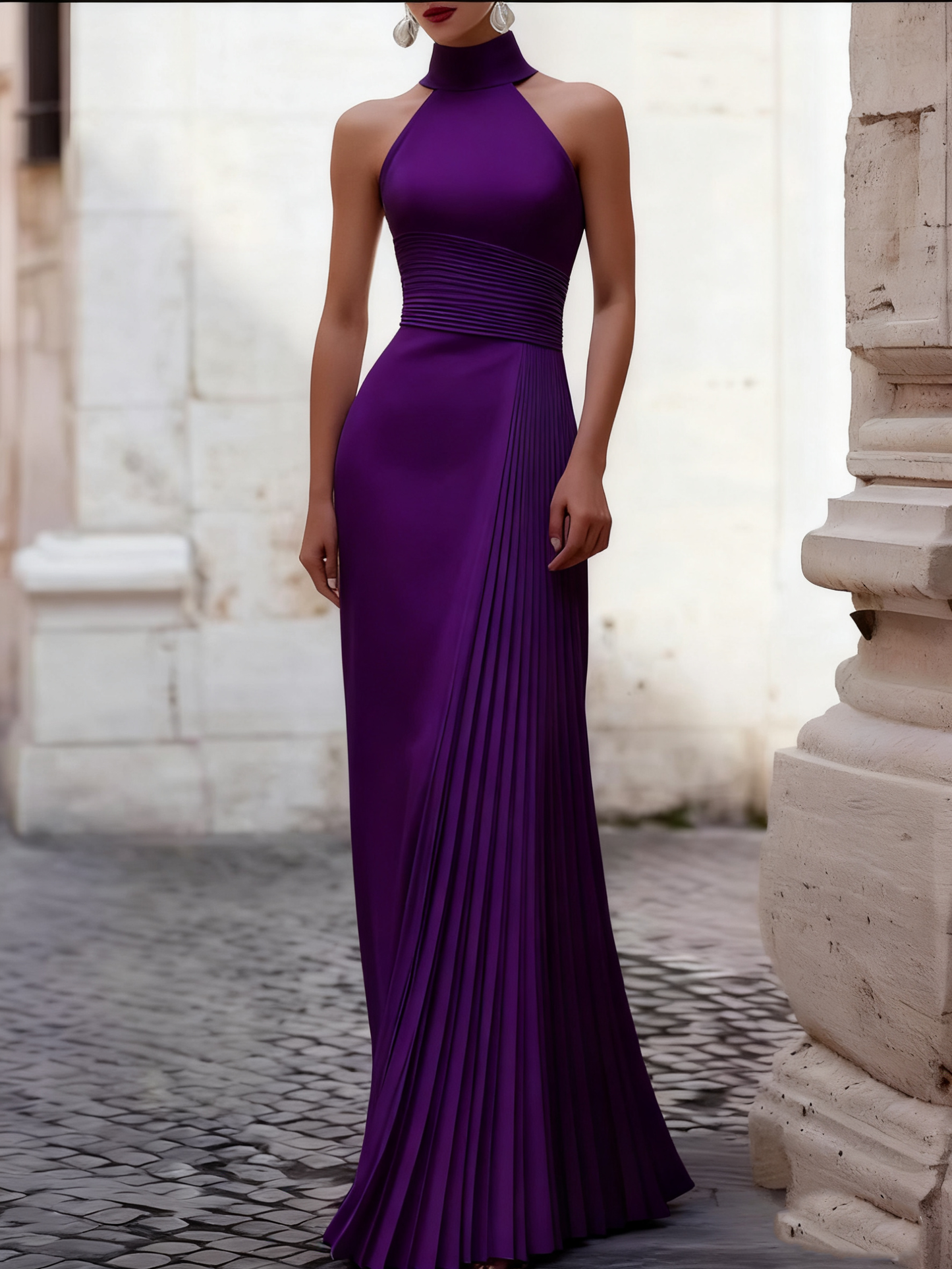 Elegant Satin Pleated Halter-Neck Evening Gown
