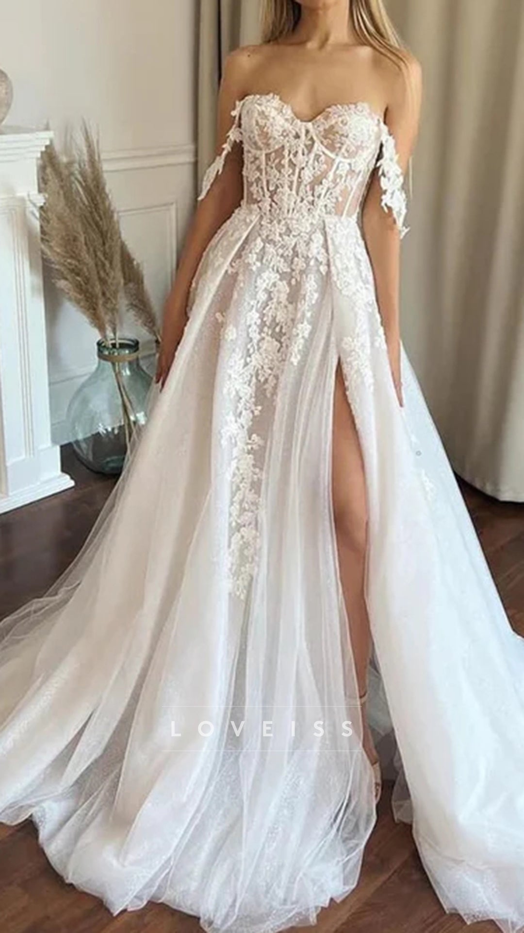 Dot Tulle Lace Appliques Sheer Body Wedding Dress Side Split