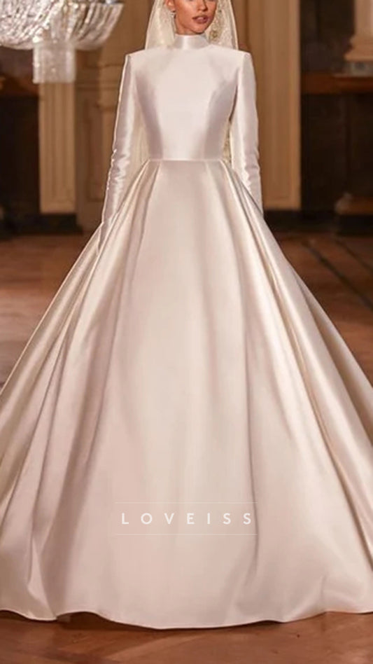 High Quality Satin Muslim Wedding Dress A Line Garden Bride Gown