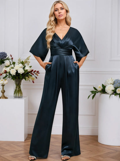 Jumpsuits V-Neck Floor-Length Stretch Satin Evening Dress With Pleated