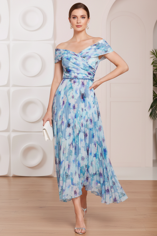 Off-Shoulder Pleated Printed Chiffon A-Line Wedding Guest Dress