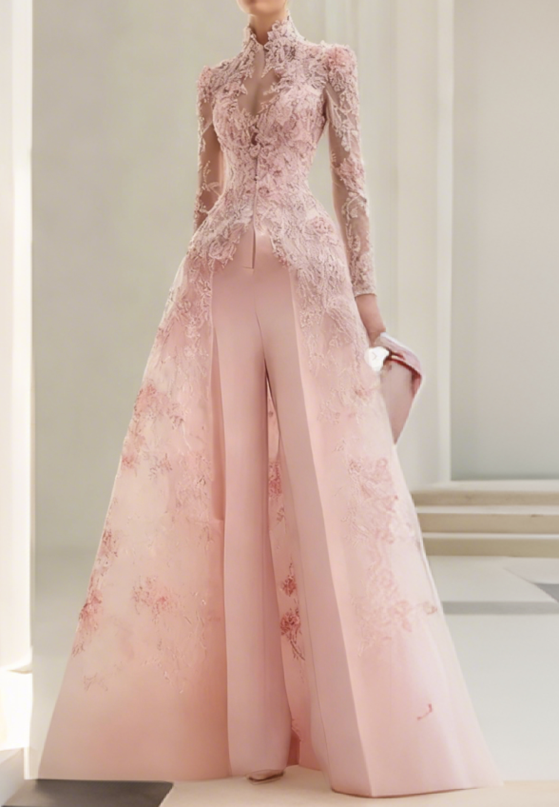 High Neck Long Sleeves Floral Embellished Jumpsuit