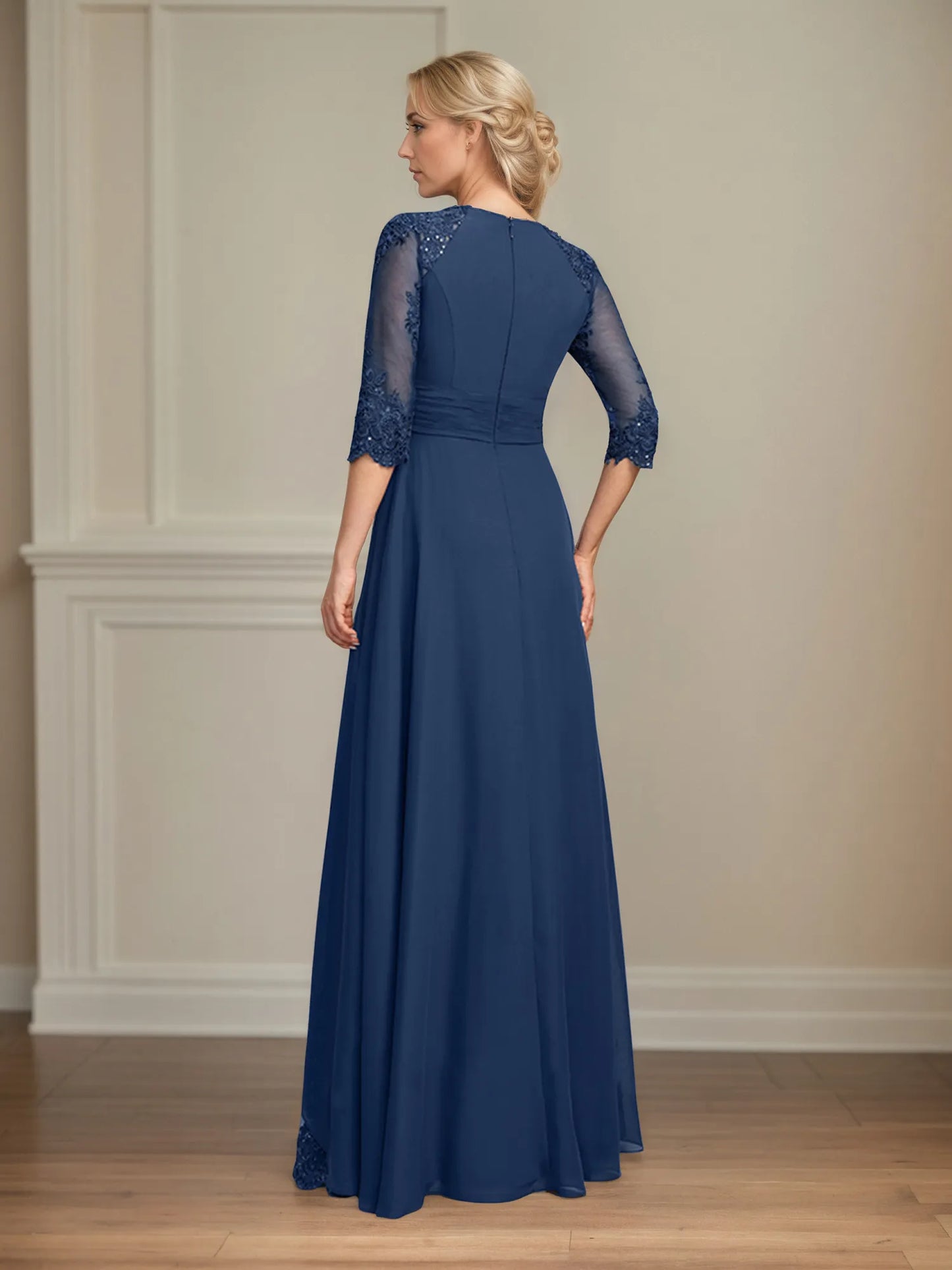 A-line Square Floor-Length Lace Chiffon Mother of the Bride Dress With Pleated Sequins