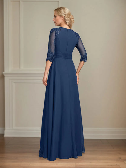 A-line Square Floor-Length Lace Chiffon Mother of the Bride Dress With Pleated Sequins