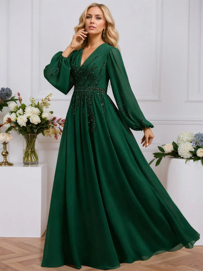 A-line V-Neck Floor-Length Chiffon Evening Dress With Pleated Sequins Beading
