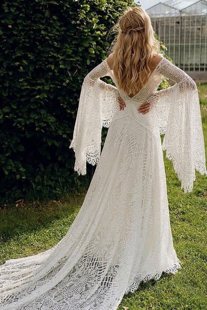 Bohemian Long Flare Sleeves V Neck A Line Foral Lace Wedding Dress SPF078