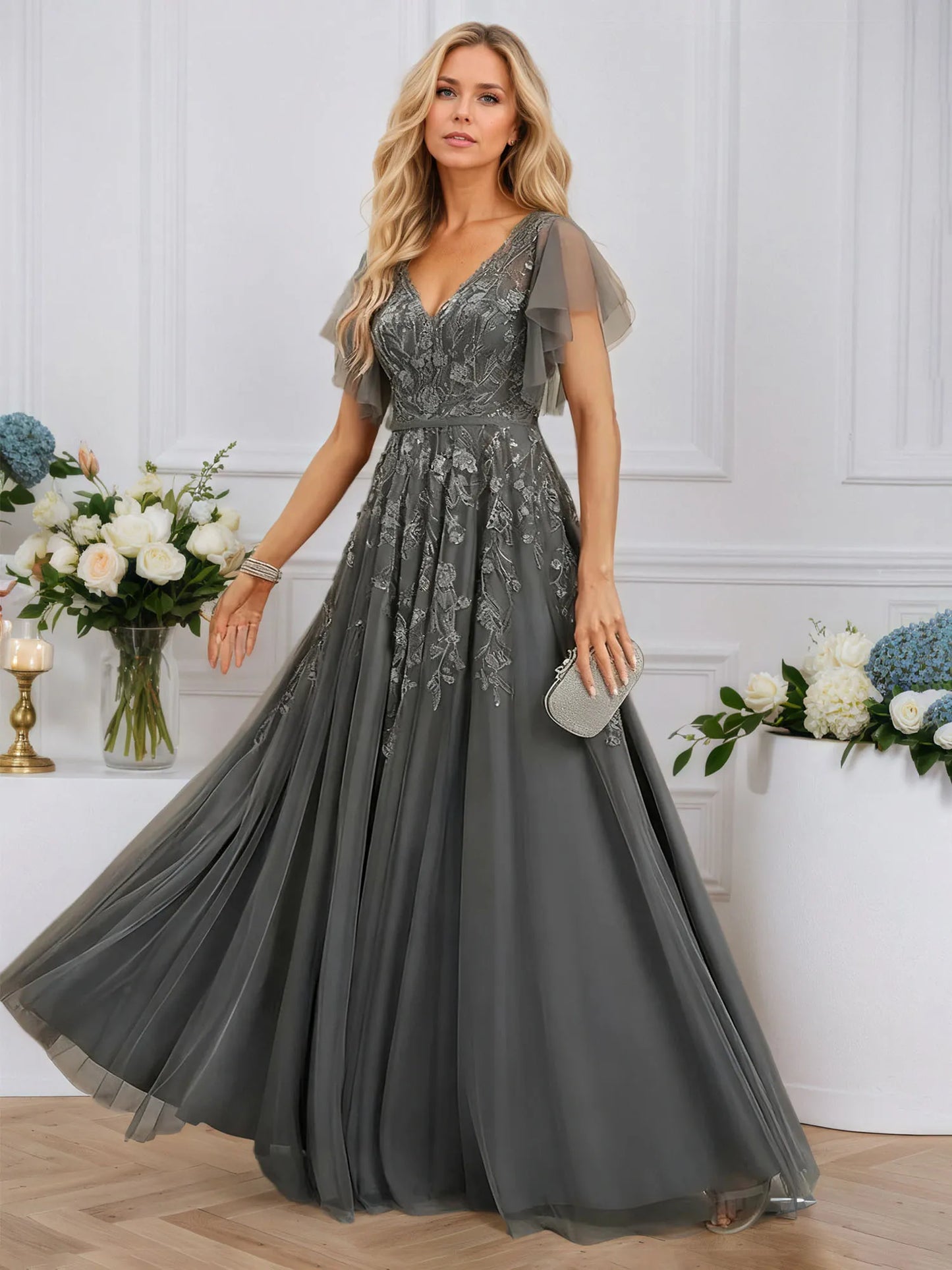 A-line V-Neck Floor-Length Tulle Lace Evening Dress With Sequins