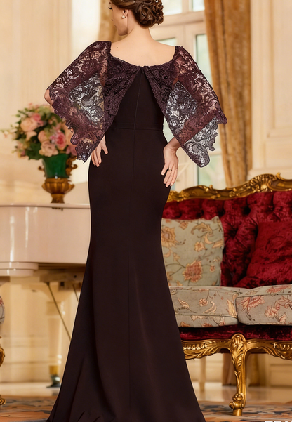 Stunning Sheath Stretch Crepe Lace Square 1/2 Sleeves Sweep Train Mother of the Bride Dress