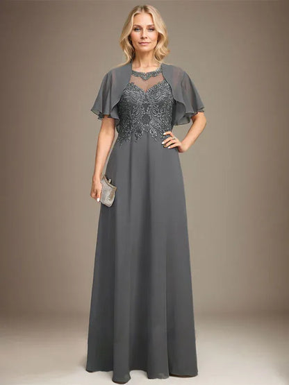 A-line Scoop Illusion Floor-Length Lace Chiffon Mother of the Bride Dress With Sequins