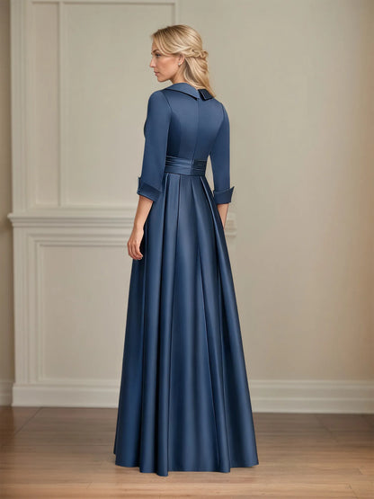 A-line V-Neck Collared Floor-Length Satin Mother of the Bride Dress With Beading 3D Floral Sequins Pleated