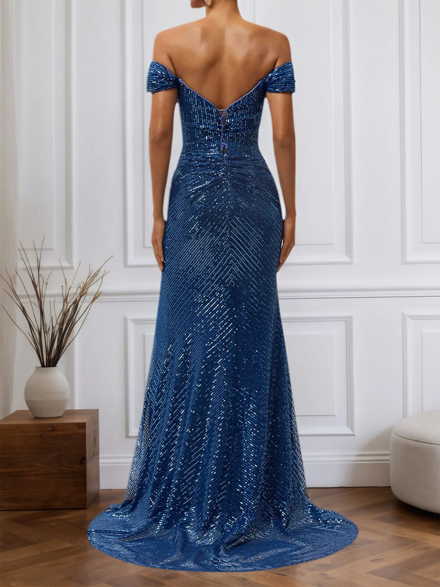 Blue Ruched Slit Sequin Off The Shoulder Short Sleeve Sheath Dress