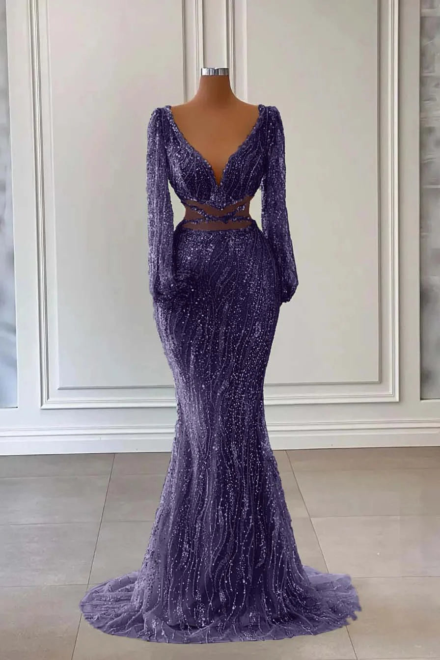 Light Green Long Sleeves V-Neck Mermaid Evening Dress With Sequins Beads