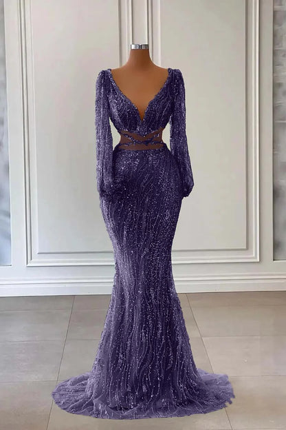 Light Green Long Sleeves V-Neck Mermaid Evening Dress With Sequins Beads