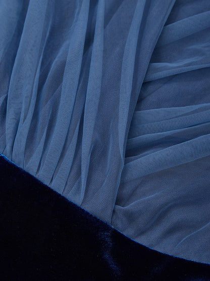 Women  Royal Blue Mesh  V Neck Long Sleeve Velvet Jumpsuit