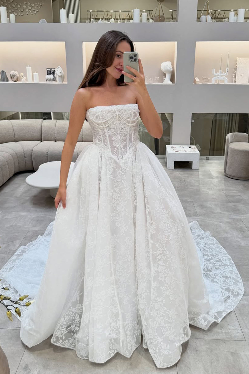 A-Line Strapless Floral Lace Wedding Dresses with Pearls DM25102204