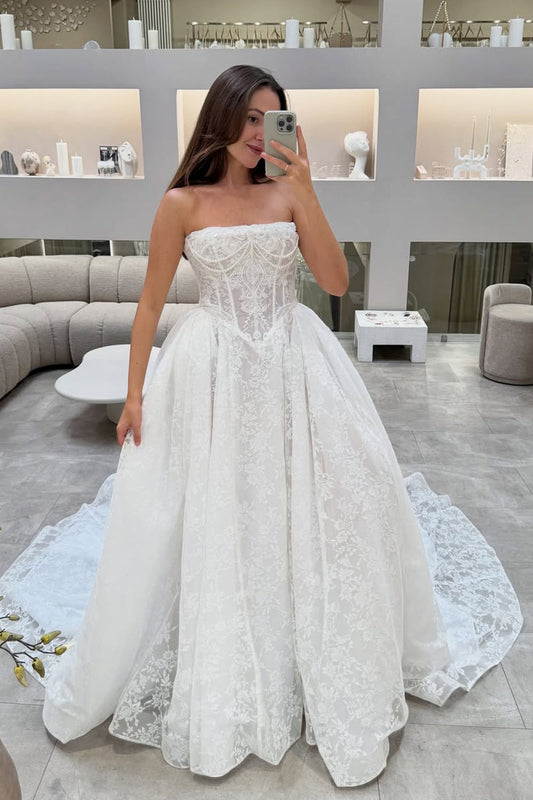 A-Line Strapless Floral Lace Wedding Dresses with Pearls DM25102204
