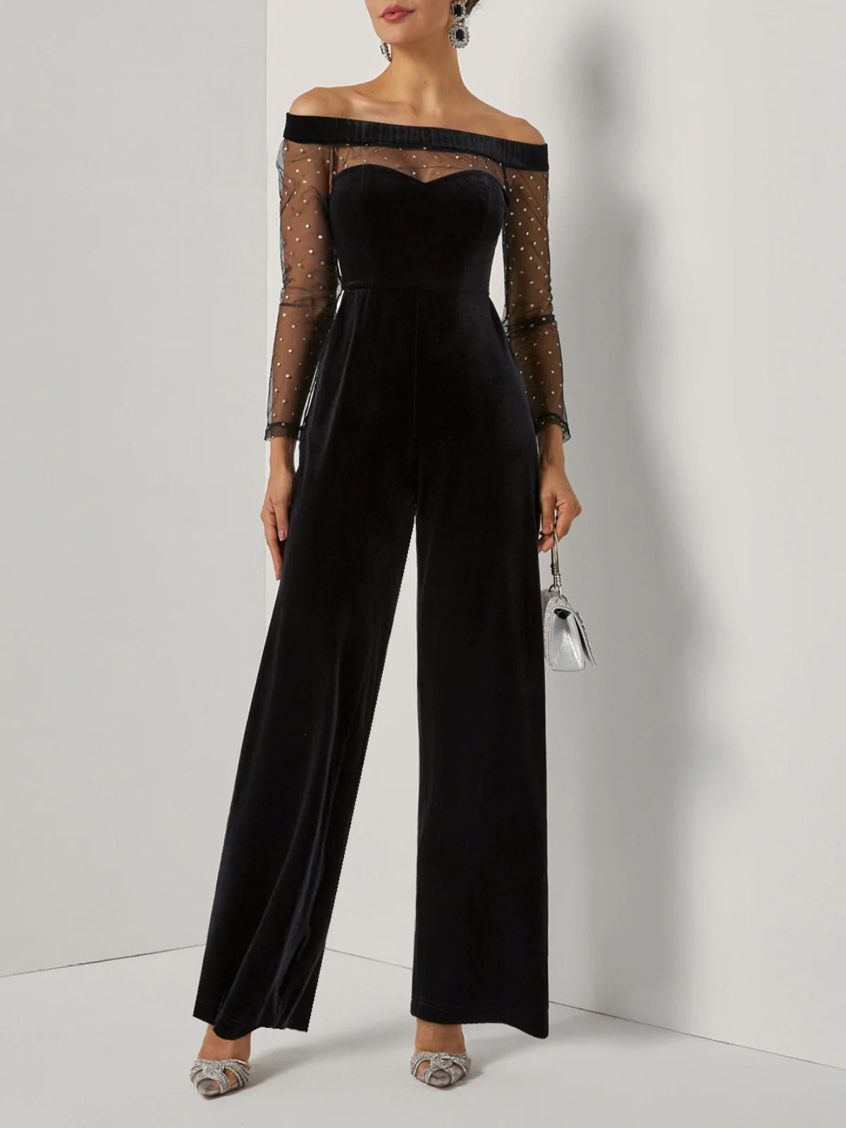Women Velvet Black Mesh Off The Shoulder Long Sleeve Dressy Jumpsuit With Pockets