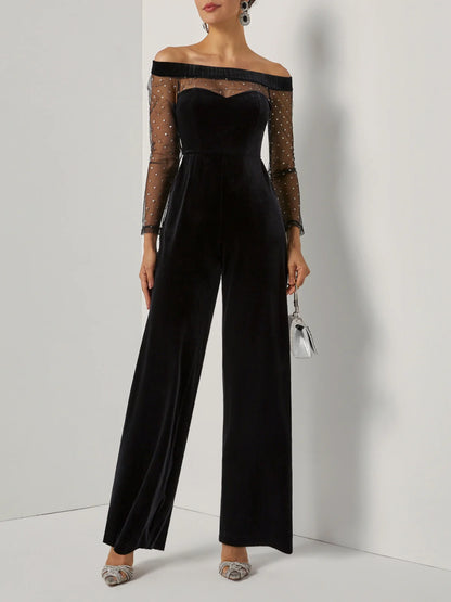 Women Velvet Black Mesh Off The Shoulder Long Sleeve Dressy Jumpsuit With Pockets