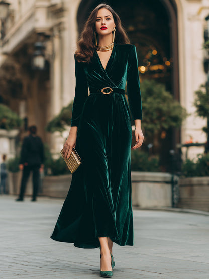 Luxurious Velvet Emerald Green Wrap Dress