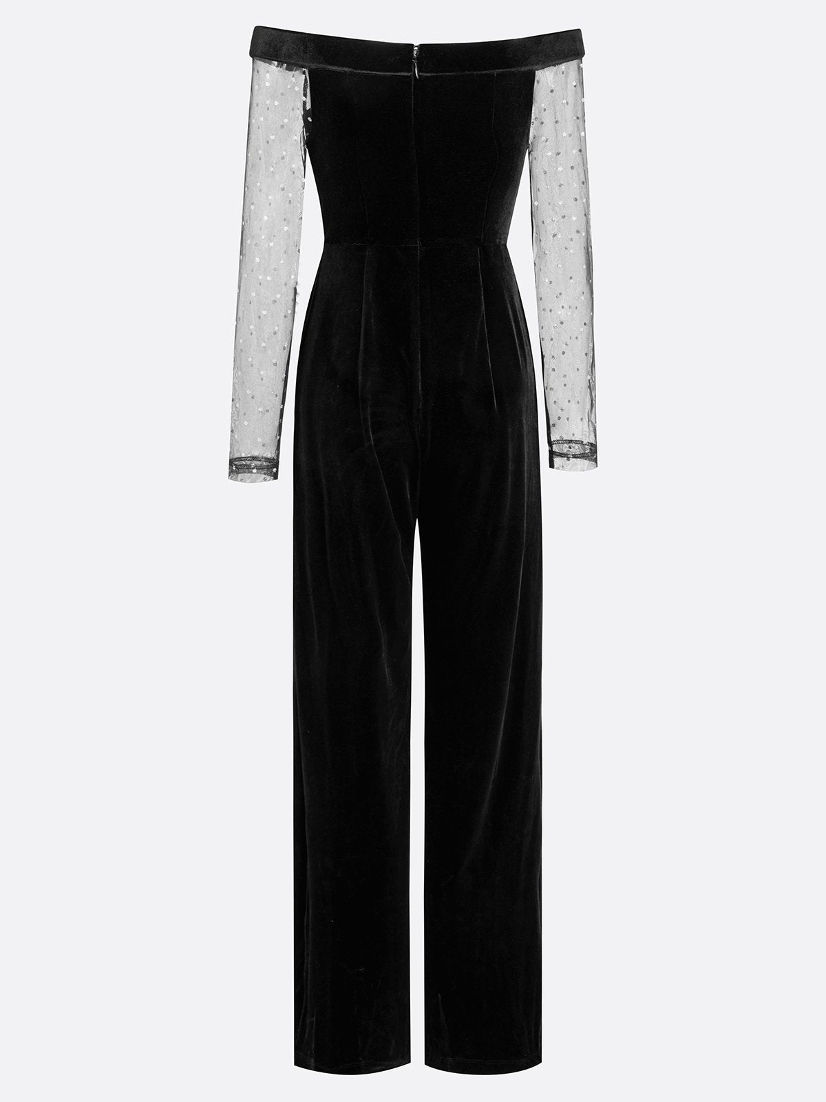 Women Velvet Black Mesh Off The Shoulder Long Sleeve Dressy Jumpsuit With Pockets