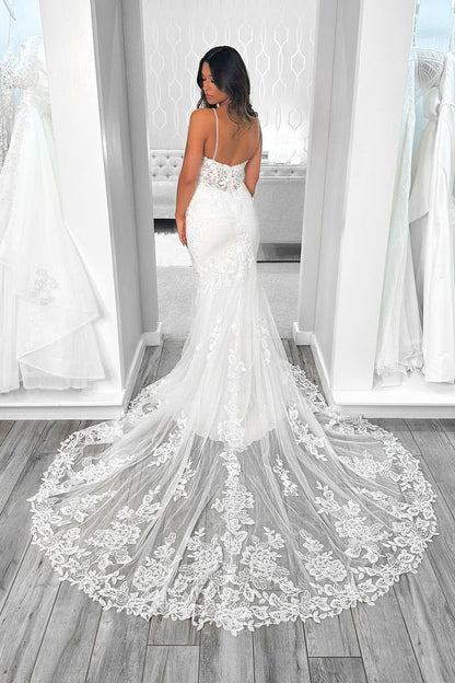 Mermaid V Neck Tulle Appliques Wedding Dresses with Train