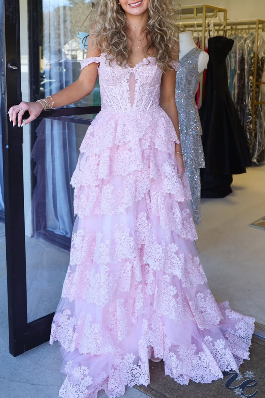Gorgeous A Line Off the Shoulder Pink Tiered Prom Dress with Slit
