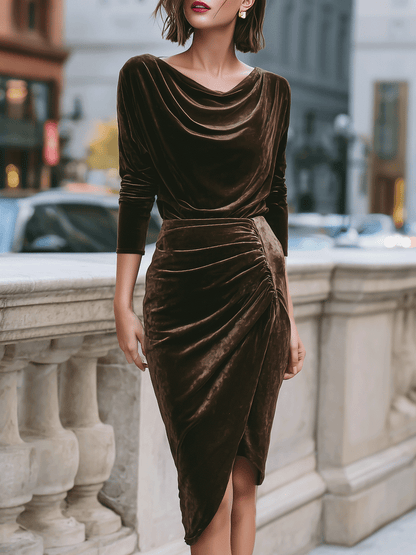 Chocolate-brown Velvet Two-piece Set