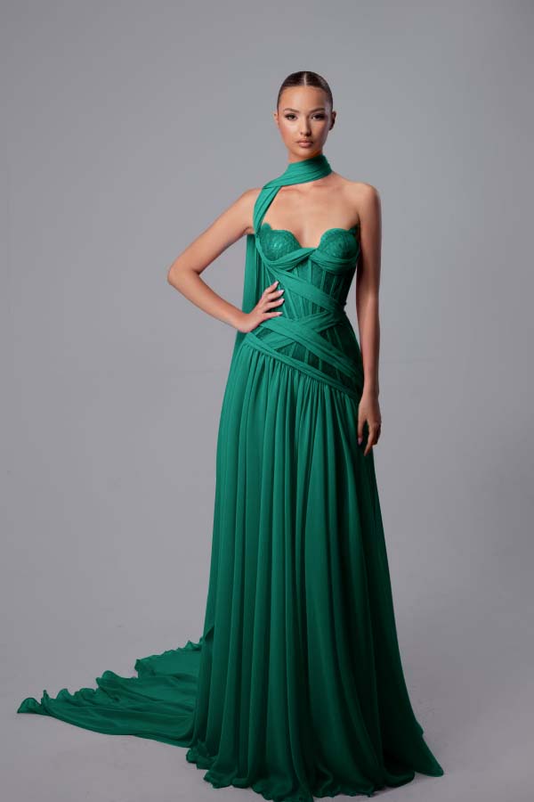 Lussooy Elegant Sleeveless Sweetheart Chiffon Pleated Prom Dress with Shawl