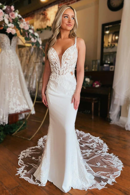 Mermaid V Neck Satin Wedding Dresses with Appliques
