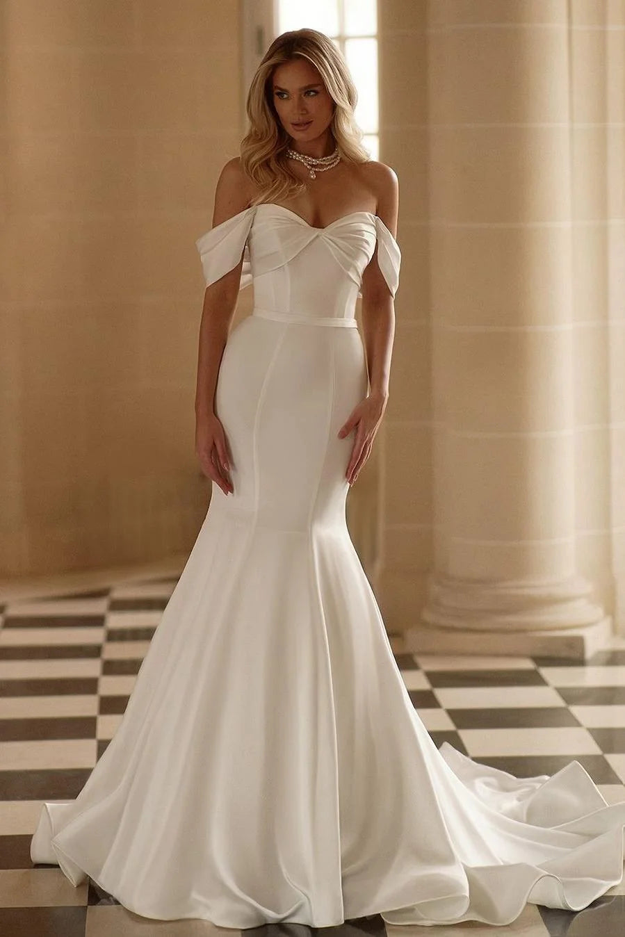Charming White Satin Off the Shoulder Strapless Sweetheart Mermaid Wedding Dress with Ruffles