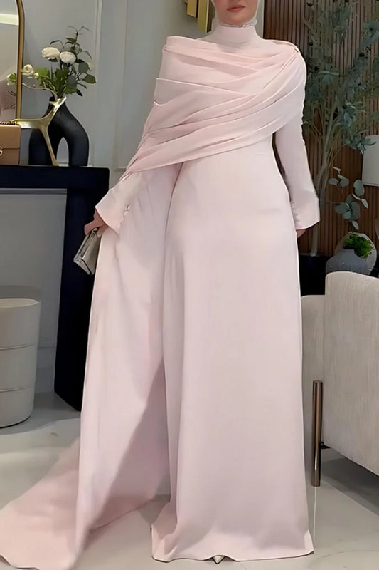 Pleated Draped Cape Long Train High Neck Long Sleeve Maxi Dresses-Pink