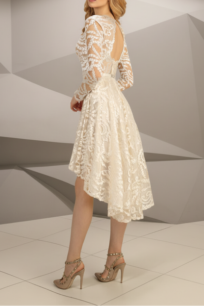 V-Neck Long Sleeves Appliques A-Line Short Wedding Dress