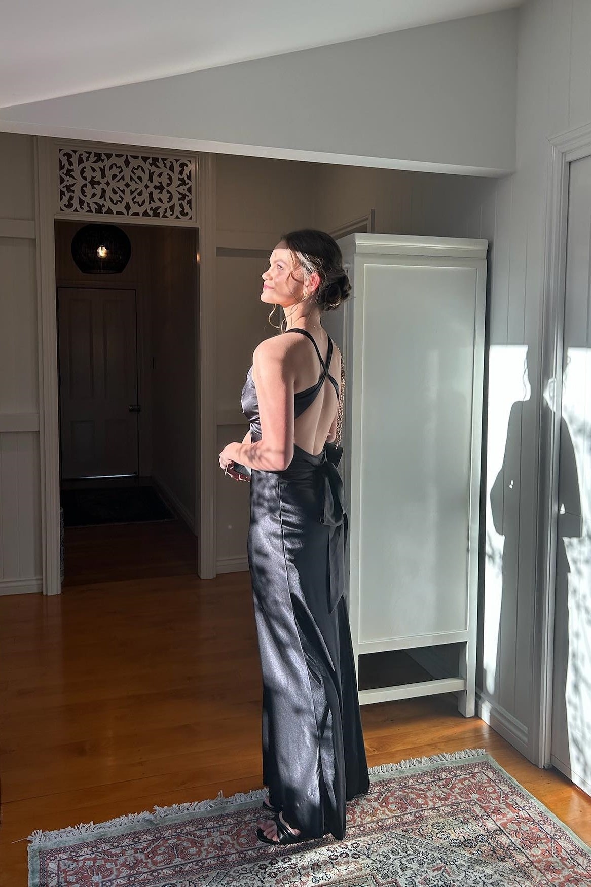 Trendy Sheath Halter Neck Purple Long Party Dress with Open Back Bowknot