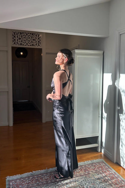 Trendy Sheath Halter Neck Purple Long Party Dress with Open Back Bowknot