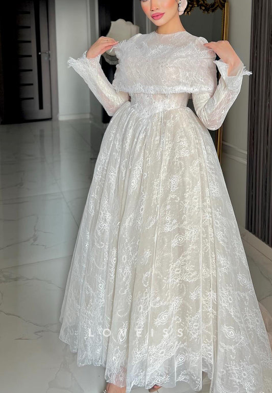Scoop Long Sleeves Appliques Lace Wedding Dress